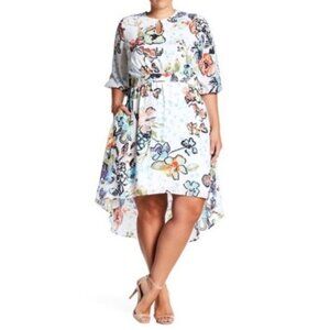 Melissa McCarthy Seven7 Floral Print Dress- Retro Chic 2x Hi-Lo Hem Feminine